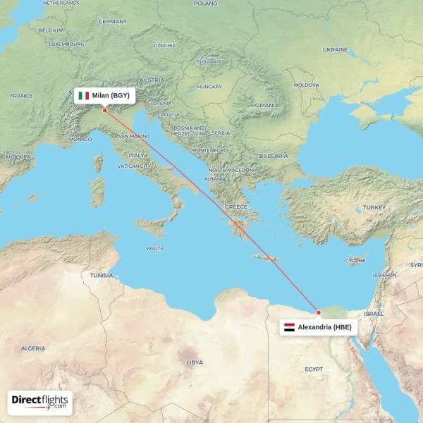 Milan - Alexandria direct flight map