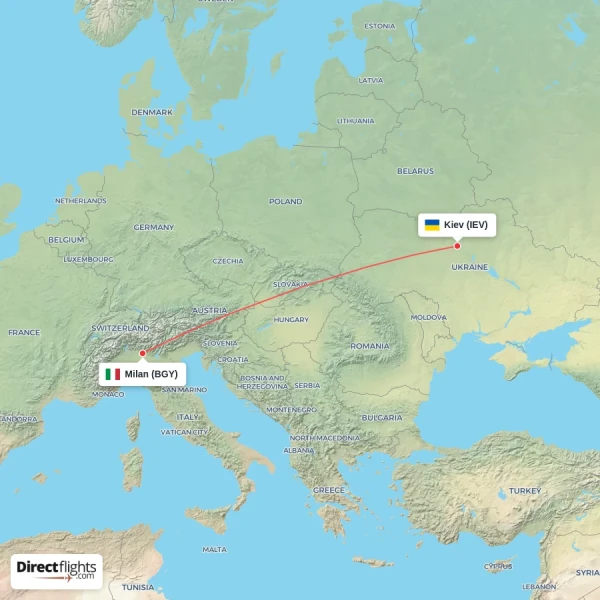 Milan - Kiev direct flight map