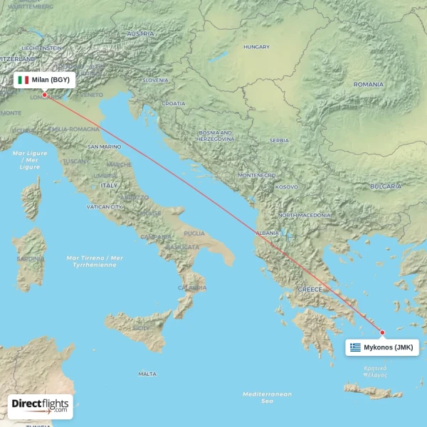 Milan - Mykonos direct flight map