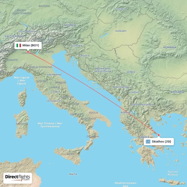 Milan - Skiathos direct flight map