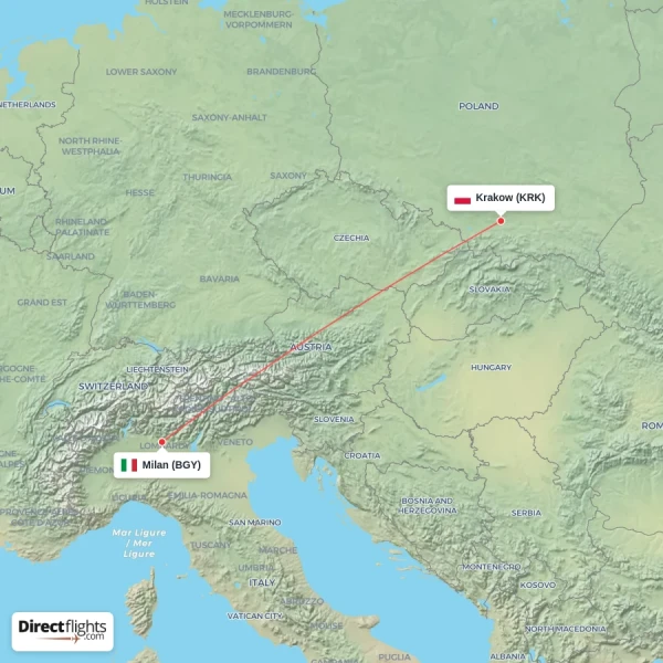 Milan - Krakow direct flight map