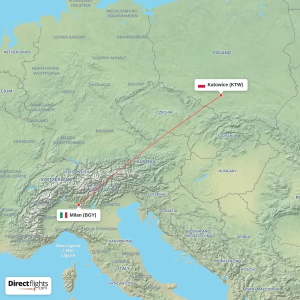 Milan - Katowice direct flight map