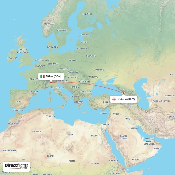 Milan - Kutaisi direct flight map