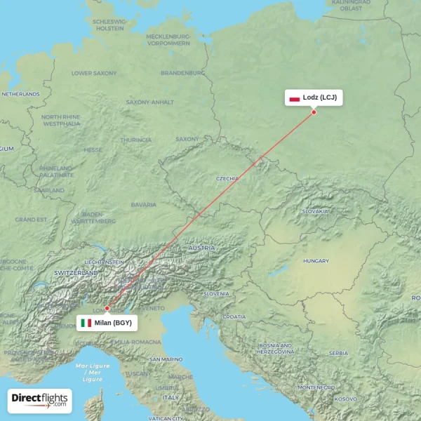 Milan - Lodz direct flight map