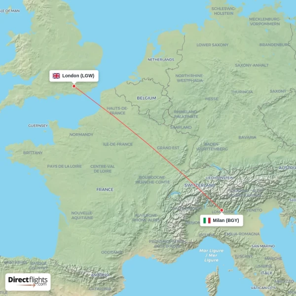 Milan - London direct flight map