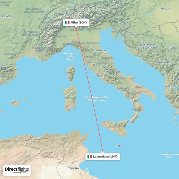 Milan - Lampedusa direct flight map