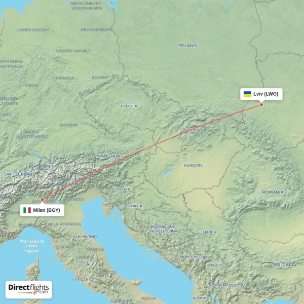 Milan - Lviv direct flight map