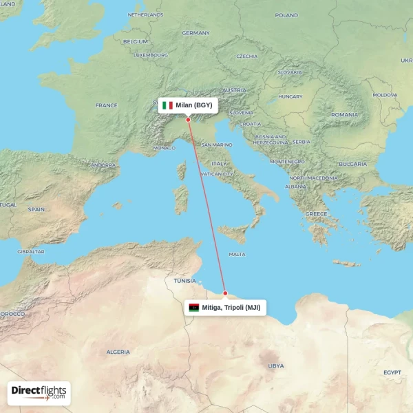 Milan - Mitiga, Tripoli direct flight map