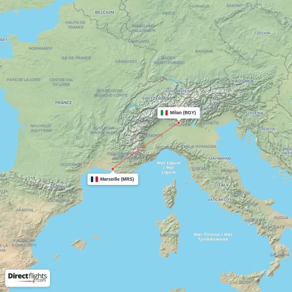 Milan - Marseille direct flight map