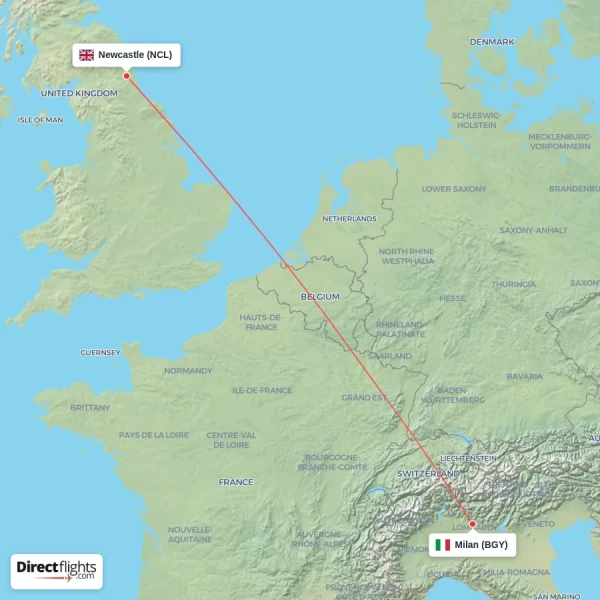 Milan - Newcastle direct flight map