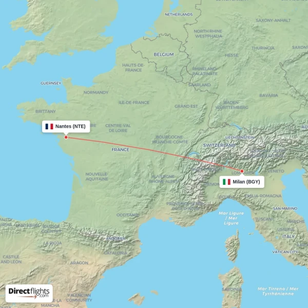 Milan - Nantes direct flight map