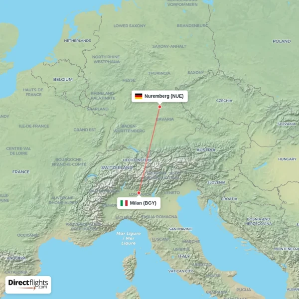 Milan - Nuremberg direct flight map
