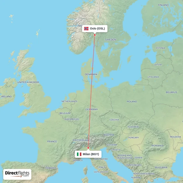 Milan - Oslo direct flight map