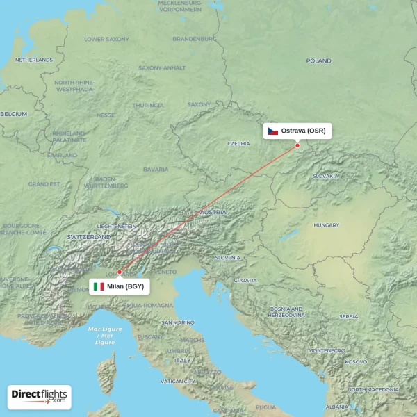 Milan - Ostrava direct flight map