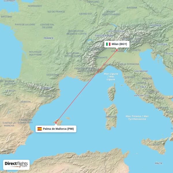 Milan - Palma de Mallorca direct flight map