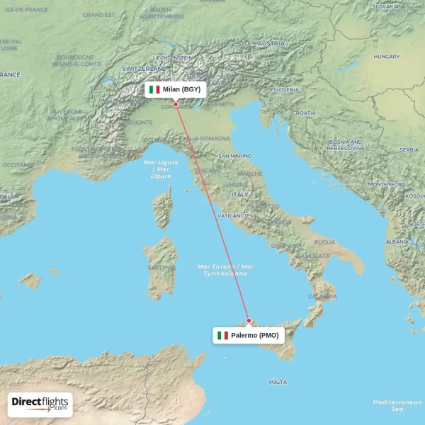Milan - Palermo direct flight map