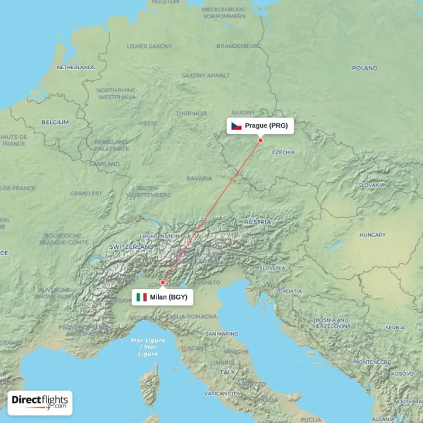 Milan - Prague direct flight map