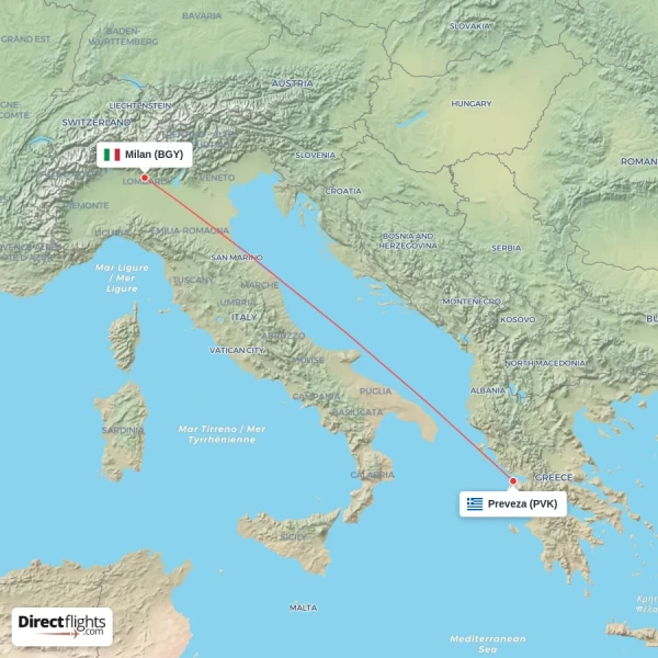 Milan - Preveza direct flight map