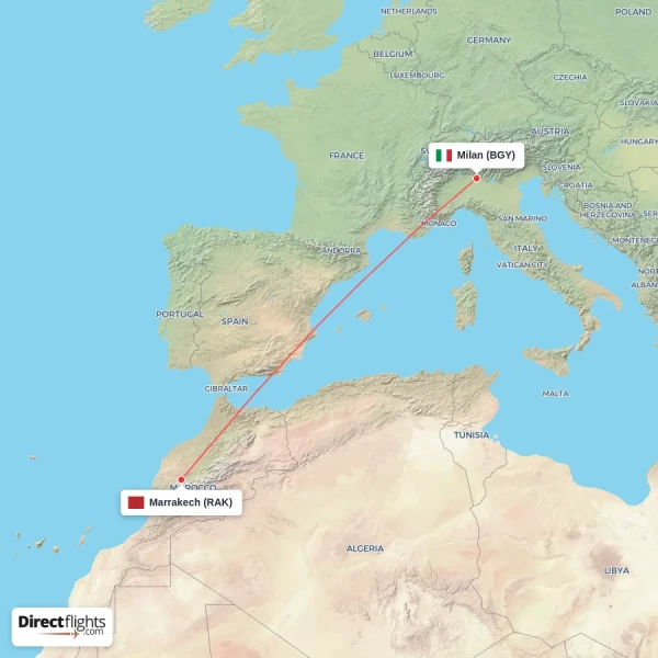 Milan - Marrakech direct flight map