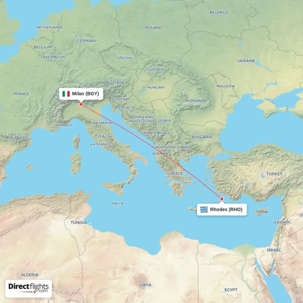 Milan - Rhodes direct flight map