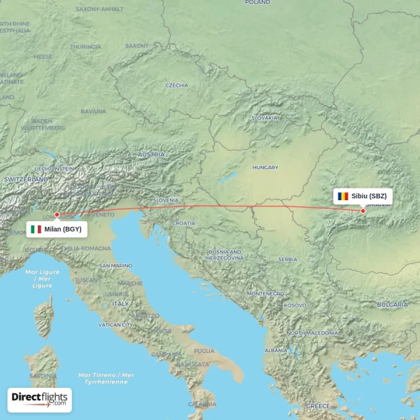 Milan - Sibiu direct flight map