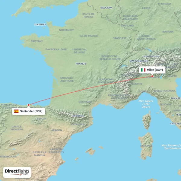 Milan - Santander direct flight map