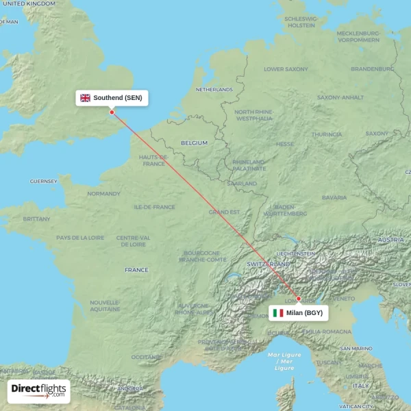 Milan - Southend direct flight map