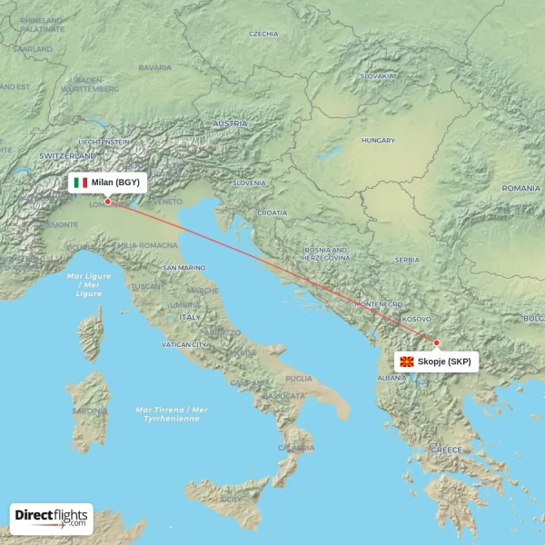 Milan - Skopje direct flight map
