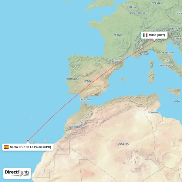 Milan - Santa Cruz De La Palma direct flight map