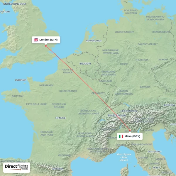 Milan - London direct flight map