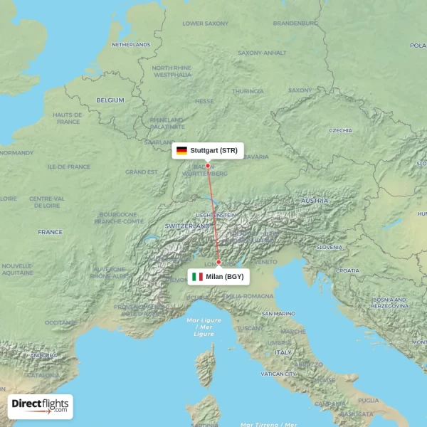 Milan - Stuttgart direct flight map