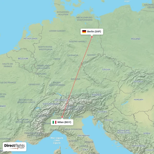 Milan - Berlin direct flight map