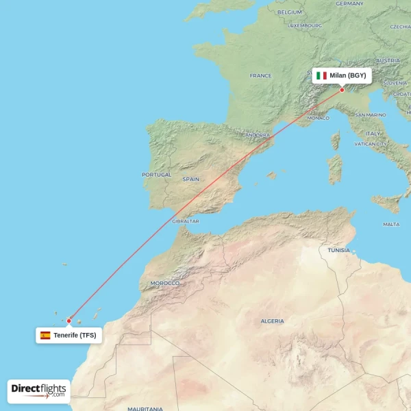 Milan - Tenerife direct flight map