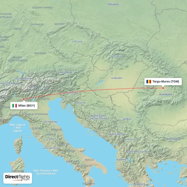 Milan - Targu-Mures direct flight map