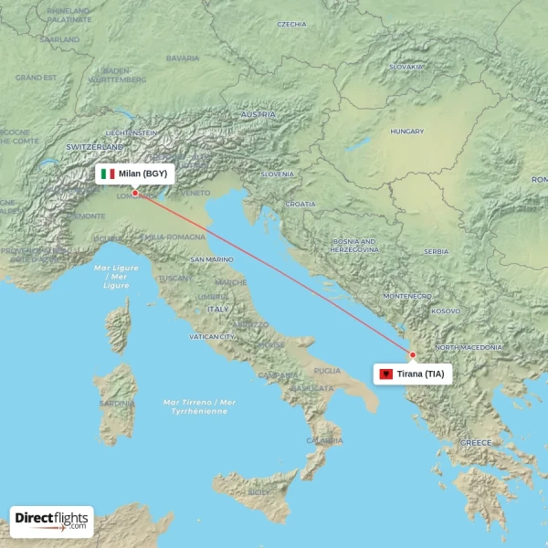 Milan - Tirana direct flight map