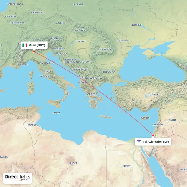 Milan - Tel Aviv-Yafo direct flight map