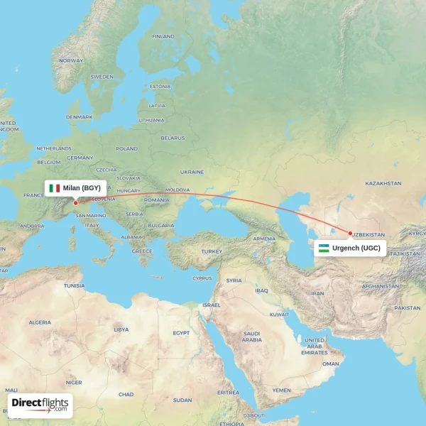 Milan - Urgench direct flight map
