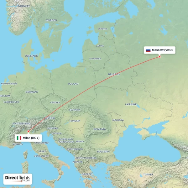 Milan - Moscow direct flight map