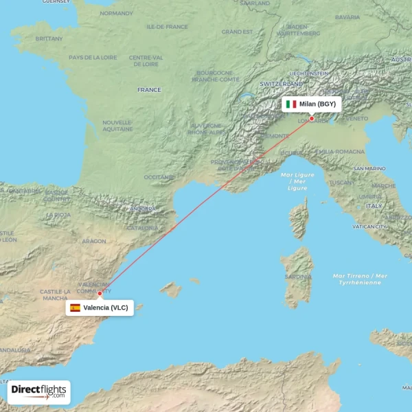 Milan - Valencia direct flight map