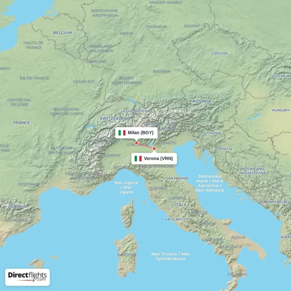 Milan - Verona direct flight map