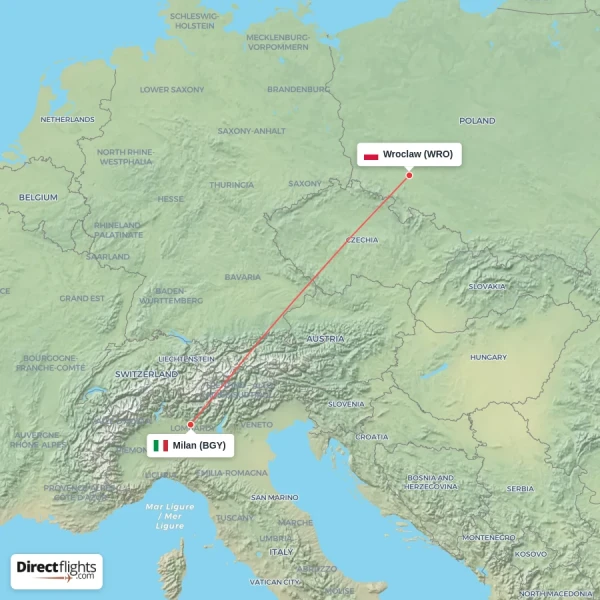 Milan - Wroclaw direct flight map