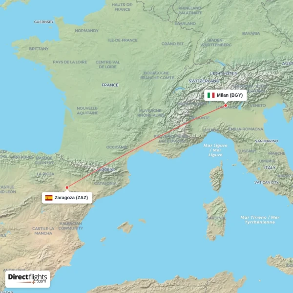 Milan - Zaragoza direct flight map