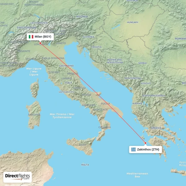 Milan - Zakinthos direct flight map