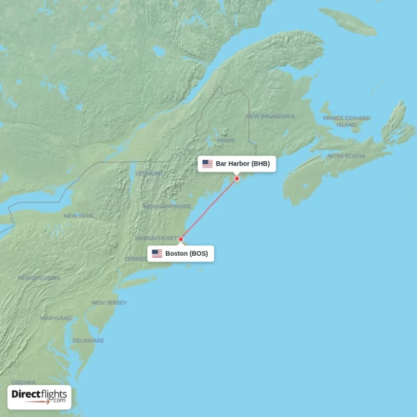 Bar Harbor - Boston direct flight map