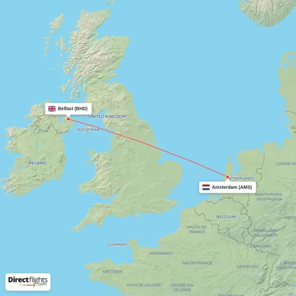 Belfast - Amsterdam direct flight map
