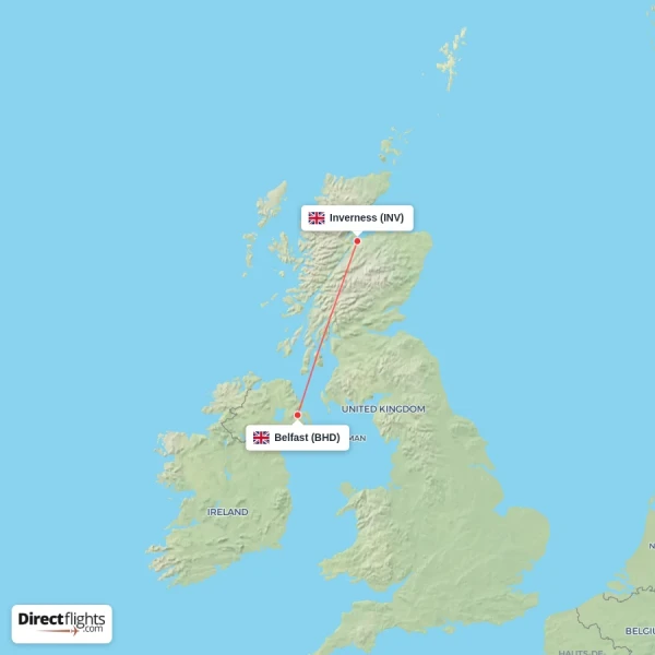 Belfast - Inverness direct flight map