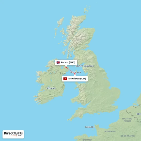 Belfast - Isle Of Man direct flight map