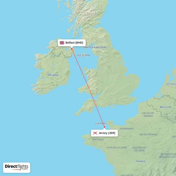 Belfast - Jersey direct flight map