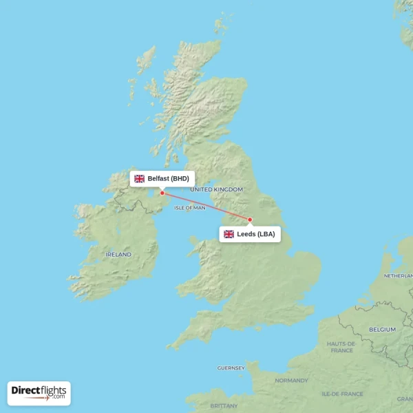 Belfast - Leeds direct flight map