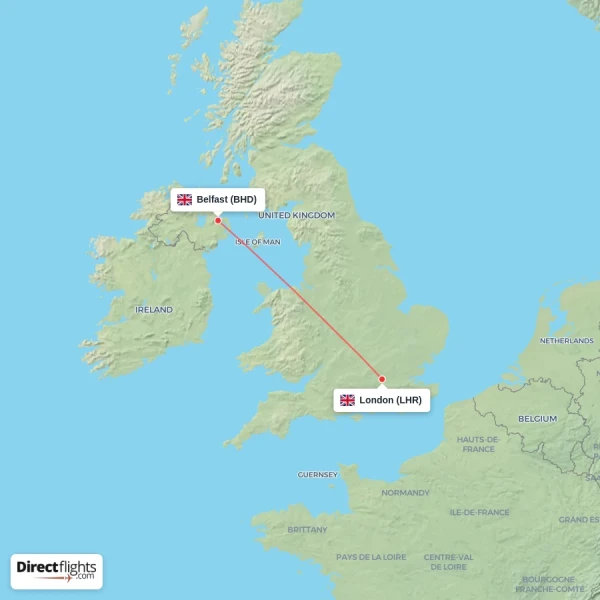Belfast - London direct flight map